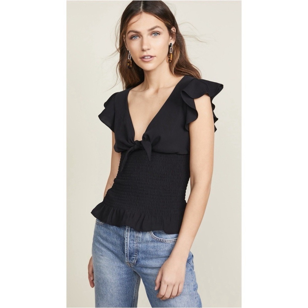 Amanda Uprichard Size S Ember Tie Front Ruffle Sleeve Smocked Top in Black